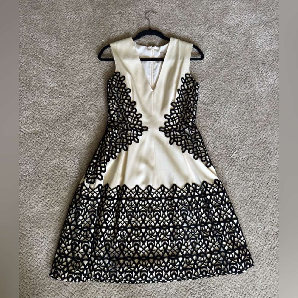 Lela Rose Lace Guipure V-Neck Black and Cream Fit & Flare Dress